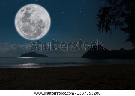Full moon on the beach at night.