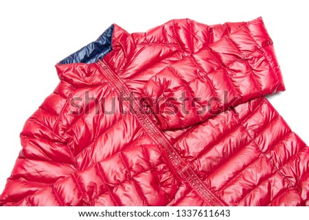 ฺBlue and red full zipper windbreaker down jacket, rain proof down jacket. Down jacket sport shiny nylon full zip isolated on white.