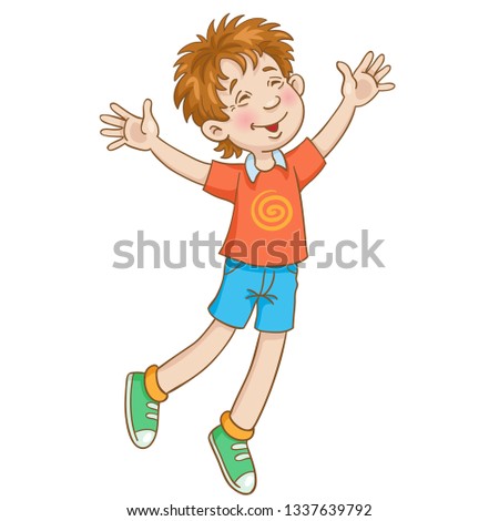 Joyful boy jumping raising his arms up.   In cartoon style. Isolated on white background. Vector illustration