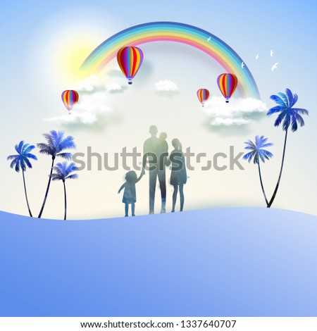 Family planning concept. travel insurance with beautiful cloudy and rainbow. Nature and healthy life.  Vector illustration EPS10