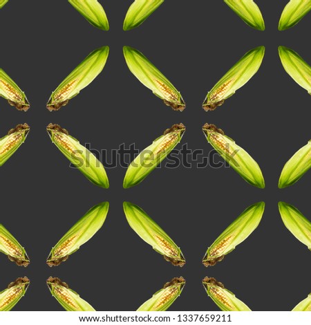 Raster cross seamless pattern. Ear of corn on black background. Site about agriculture, farm, livestock, graphics.