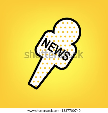 TV news microphone sign illustration. Vector. Yellow polka dot white icon with black contour at warm yellow background.