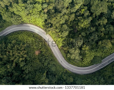 Aerial shot of beauty forest nature landscape with road. 