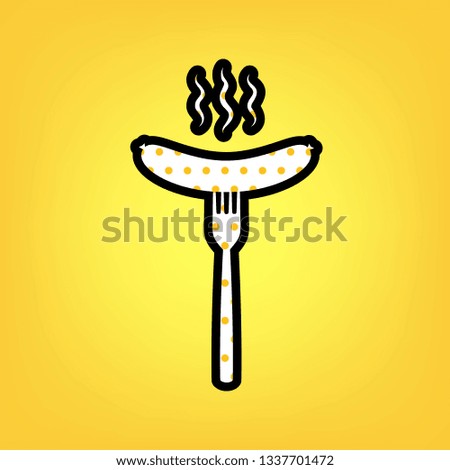Sausage on fork sign. Vector. Yellow polka dot white icon with black contour at warm yellow background.