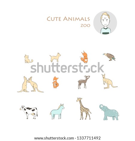 Zoo cute animals hand drawn set. Farm collection illustration, isolated clip art grunge textrure style. Cartoon wild life