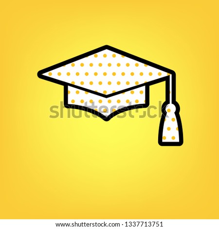Mortar Board or Graduation Cap, Education symbol. Vector. Yellow polka dot white icon with black contour at warm yellow background.