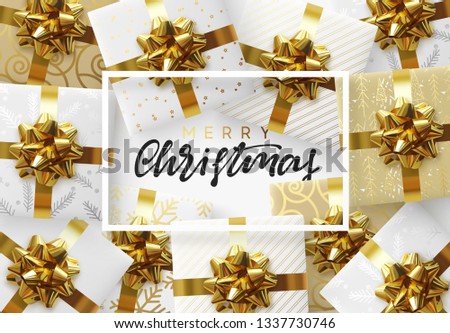 Christmas background. Design with white frame and realistic packages of gifts with bright gold bows and ribbon