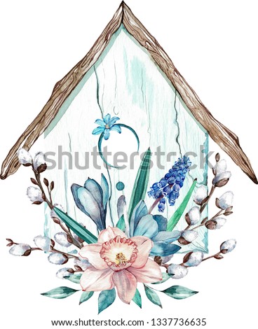 Easter bird house with spring flowers and pussy willow branches. Watercolor illustration.