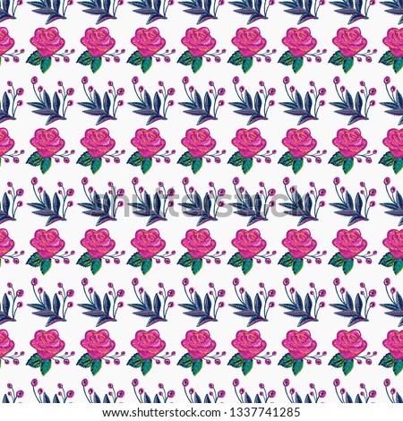Stitching seamless pattern with pink rose patch and decorative branch in embroidery patch style. Digital watercolor illustration on white background.