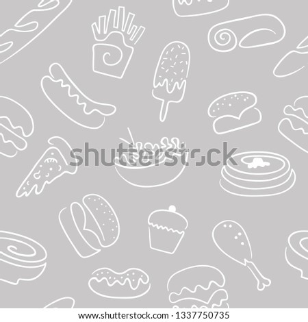 Cute seamless pattern of one line with   fast food, drinks, dessert and ice cream. Vector illustration in hand drawn style.