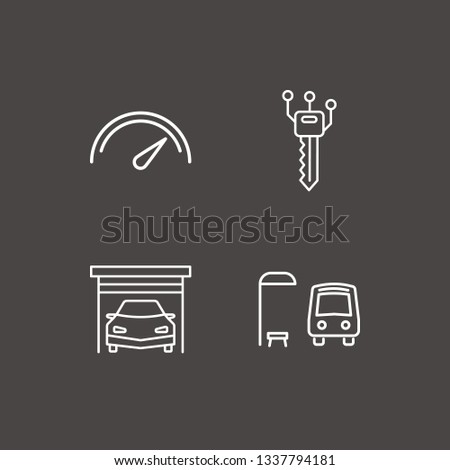 Outline 4 car icon set. speedometer, bus stop, garage and smart key vector illustration