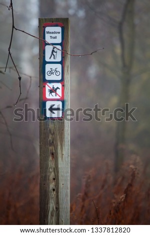 Indications path in the forest. Orientation pole. Meadow trail. Wooden pole above signals and signs to the trail in the meadow in the forest. Fog in the winter season. Location: Ontario, Canada.
