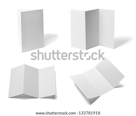 collection of various  blank folded leaflet white paper on white background. each one is shot separately
