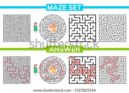 Maze, labyrinth conundrum for kids. Entry and exit. Maze set, collection labyrinth. Children puzzle game. Vector stock illustration