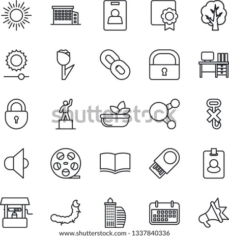 Thin Line Icon Set - sun vector, lock, book, pedestal, desk, tree, well, caterpillar, term, no hook, tulip, reel, speaker, share, chain, brightness, sertificate, identity card, office building, pass