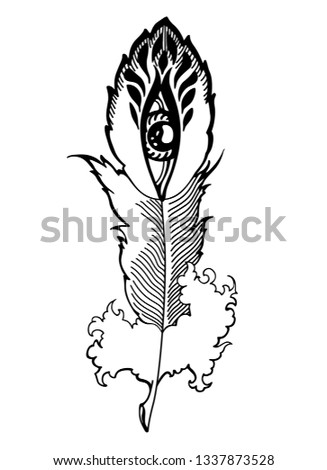 bizarre feather with eyes, black and white vector illustration