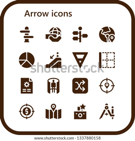 arrow icon set. 16 filled arrow icons.  Collection Of - Direction, World, Signpost, Globe, Pie chart, Escalator down, Earth, Border, File, panorama 360 , Shuffle, Target, Map