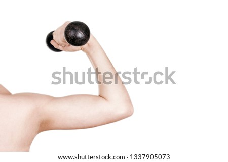 skinny arm with dumbbells, concept before sports, hand isolated on white background