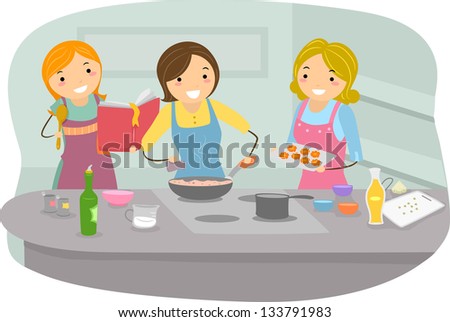 Illustration of Women Cooking in the Kitchen