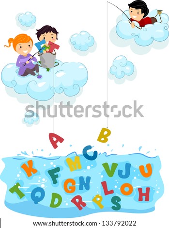Illustration of Kids on Clouds fishing for Letters at the Sea
