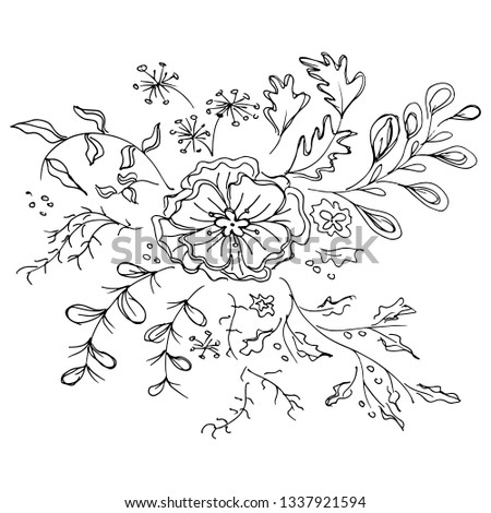 Engraved Vector Hand Drawn Illustrations Set Of Abstract Flowers Isolated on White. Hand Drawn Sketch of a Flowers