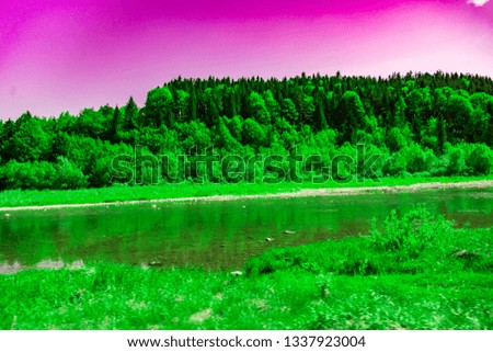 Landscape view of the mountain river with green vegetation trees bushes and grass and a purple sky changed colors