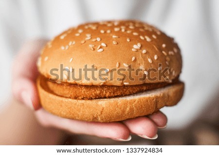Burger with chicken in the palm of the girl close-up             