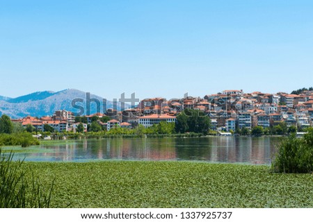 city on the lake, mountains, orange rooftops.