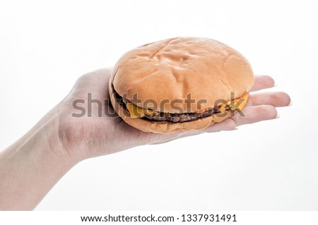 hamburger in girl's hand on white background             