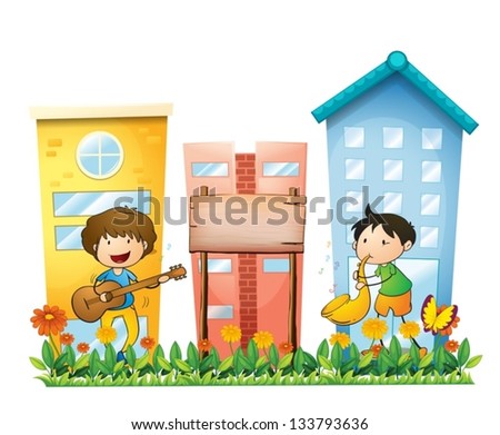 Illustration of the two musicians near an empty wooden signboard on a white background