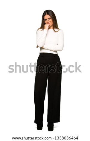 Full body of Pretty woman with glasses having doubts