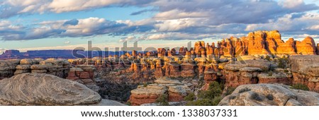 Moody clouds above colorful golden lit needles in Elephant Canyon in the Needles District of Canyonlands National Park. Royalty-Free Stock Photo #1338037331