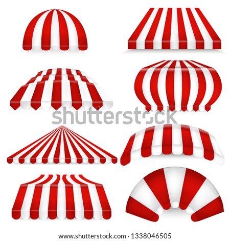 Vector set of red-white sunshades. Outdoors awnings for cafe, market, shops and circus on white background.