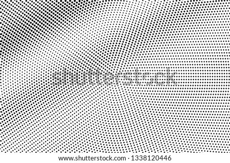 Black and white halftone vector background. Diagonal gradient on dotwork texture. Monochrome dotted vector background. Retro halftone overlay. Vintage distressed effect. Industrial texture