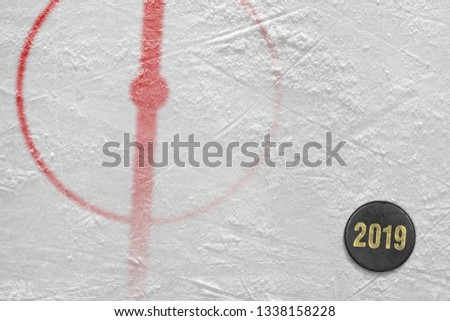 The texture of the hockey arena with markup and puck, the season of 2019. Concept, hockey, wallpaper