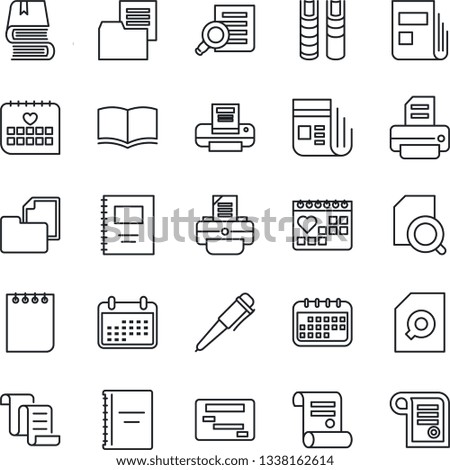 Thin Line Icon Set - contract vector, book, document search, pen, notepad, printer, medical calendar, folder, news, copybook, schedule