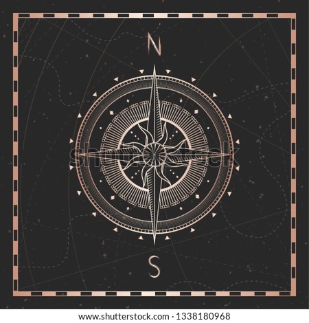 Vector illustration with gold compass or wind rose and frame on dark background. With basic directions North andSouth.