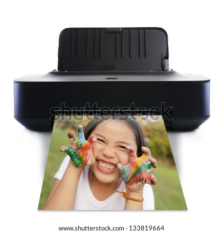 Printer and picture and Little girl with hands in colorful paint