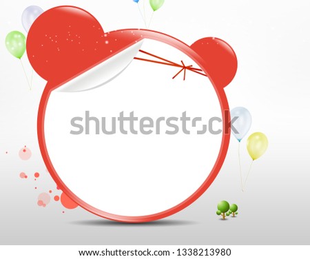 kids poster folded text sticky paper with colorful baloons, green flowers grey background-images