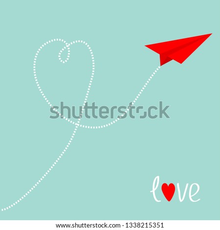 Red origami paper plane. Dash line heart in the blue sky. Love card. Heart symbol. Happy Valentines Day. Cute background. Isolated.