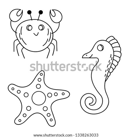 Cartoon sea creatures isolated on white. Coloring book for kids. Set of ocean animals