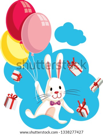 Bunny Flying with Balloons  Surrounded by Gifts. Funny rabbit in the sky delivering Easter presents 

