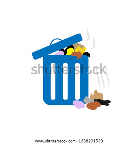 Vector blue basket dustbin icon. Symbol for garbage isolated on green background. Paper and waste with scent of stinking, not done separation of waste. vector illustration.