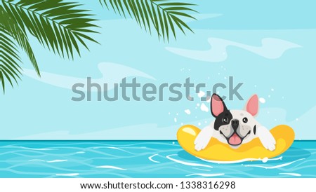 Vector cartoon style background of sea with happy french bulldog floating in a inflatable ring. Good sunny day. Vector illustration. Vacation and traveling outdoors concept.