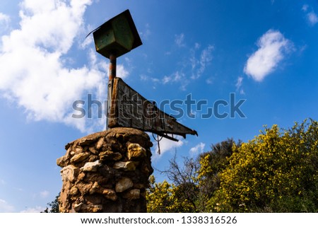 a directional sign in the middle of the woods
