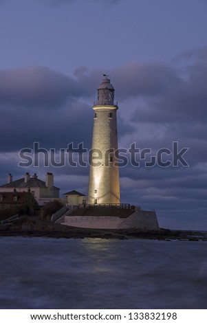 St Mary's Lighthouse, Whitley Bay, UK, illuminated at night