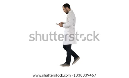Medical care and healthcare Doctor use tablet checking on white background.