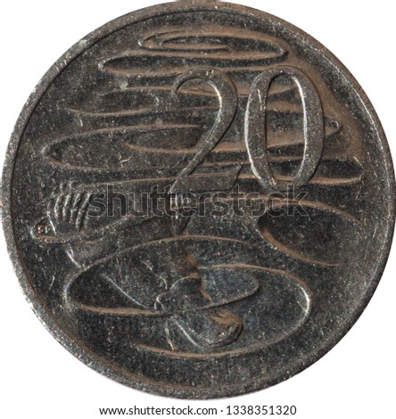 Australian twenty-cent coin features the  Platypus, isolated on white background.