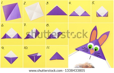 How to make Origami paper bookmark form of bunny for Easter greetings. Children's art project. DIY concept. Step by step photo instruction Royalty-Free Stock Photo #1338433805