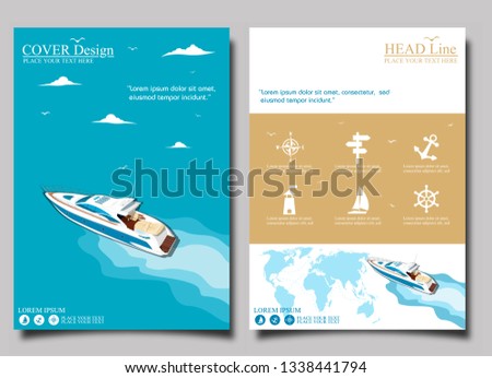 Top view speed boat on water poster. Luxury yacht race, sea regatta posters set vector illustration. Nautical worldwide yachting or speedboat tour promotion layout.